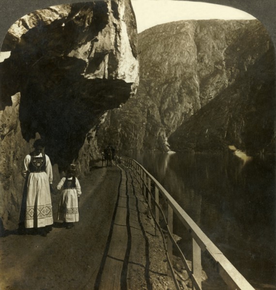 'Narrow rock-shelf where the road to Voring Falls past Lake Oifjord's deep waters, Norway', c1905. Creator: Unknown.