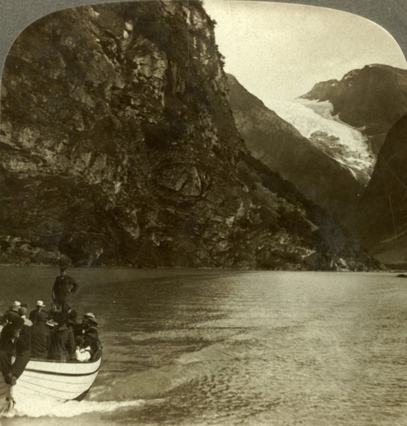 'Tourists crossing Lake Loen - view across to a huge glacier, Norway', c1905. Creator: Unknown.