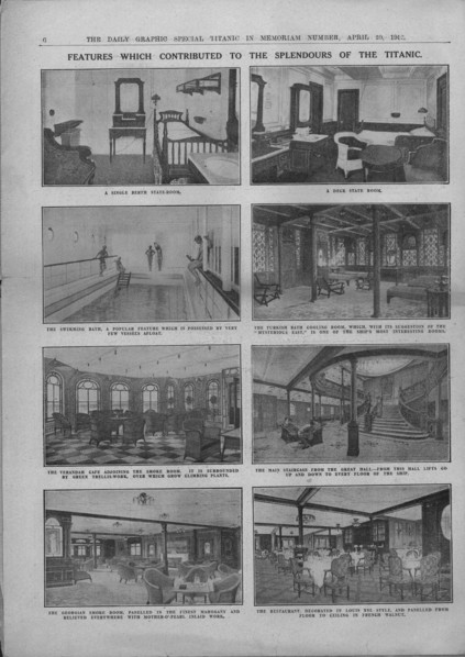 'Features which Contributed to the Splendours of the Titanic', April 20, 1912. Creator: Unknown.