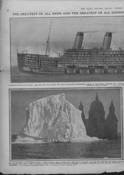 Sectional diagram of the 'Titanic', and iceberg, April 20, 1912. Creator: Unknown.