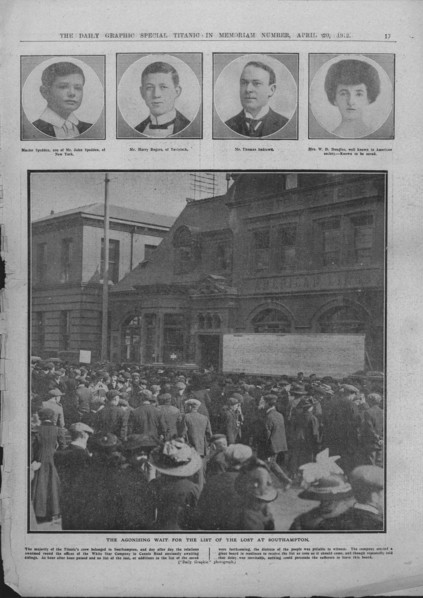 'The Agonising Wait for the List of the Lost at Southampton', April 20, 1912. Creator: Unknown.