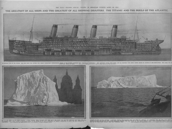 Sectional diagram of the 'Titanic', and icebergs, April 20, 1912. Creator: Unknown.