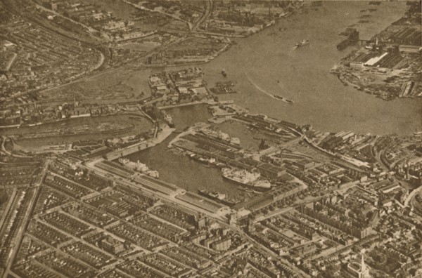 'The Three Basins of the East India Docks and the Blackwall Reach of the Thames Seen From The Air',  Creator: Aerofilms.