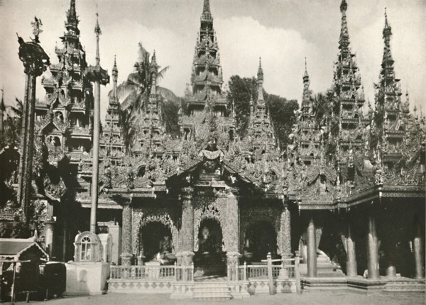 'Wood Carved Shrines with Glass Mosaic work at the Shwe Dagon Pagoda, Rangoon', 1900. Creator: Unknown.
