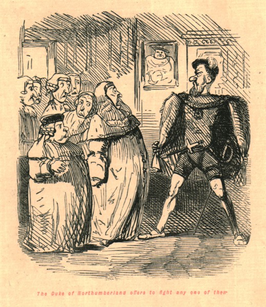 'The Duke of Northumberland offers to fight any one of them', 1897. Creator: John Leech.