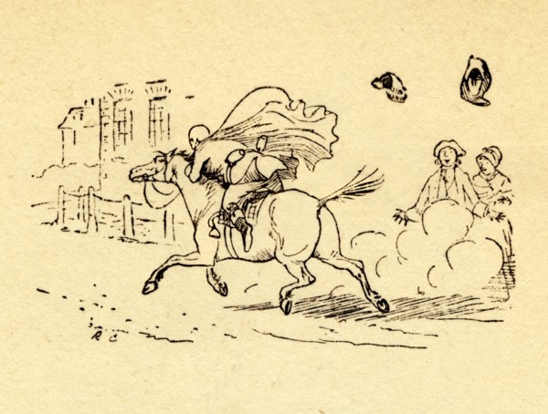 John Gilpin's horse bolts, and his hat and wig blow off, 1878, (c1918). Creator: Randolph Caldecott.