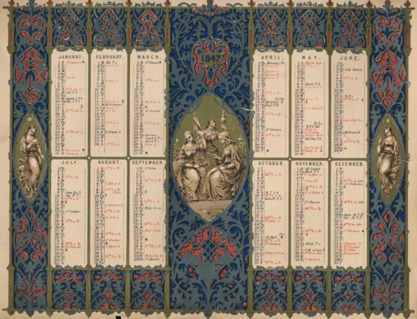 Calendar with saints' days and royal birthdays, 1847. Creator: M & N Hanhart.