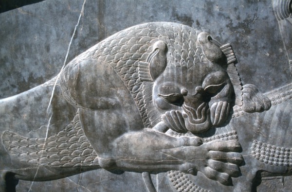 Detail from a relief of a lion attacking a bull, the Apadana, Persepolis, Iran
