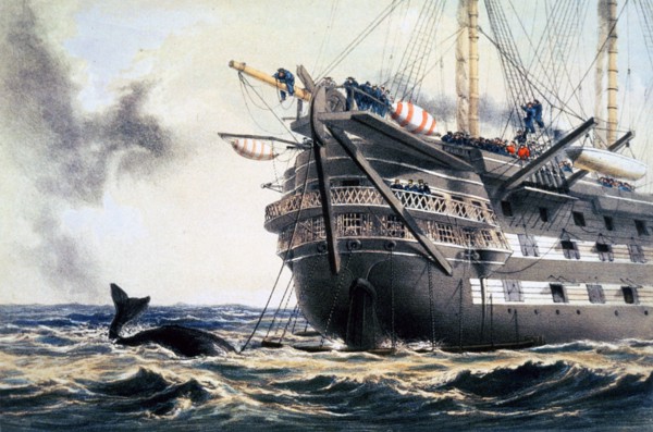 HMS 'Agamemnon' laying the original Atlantic telegraph cable, 1857 (1866). Artist: Robert Dudley