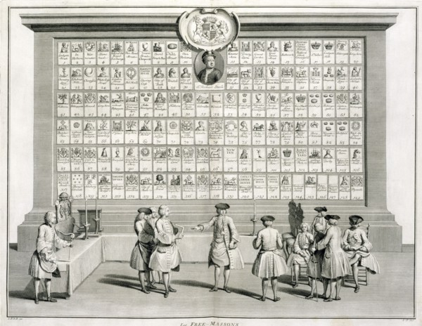 Freemasons, with signs for the various lodges, c1733. Artist: Unknown