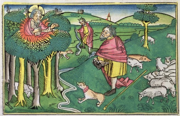 Exodus 3:1-22 and 4:1-4: the burning bush amd God arming Moses with the miraculous rod. Artist: Unknown