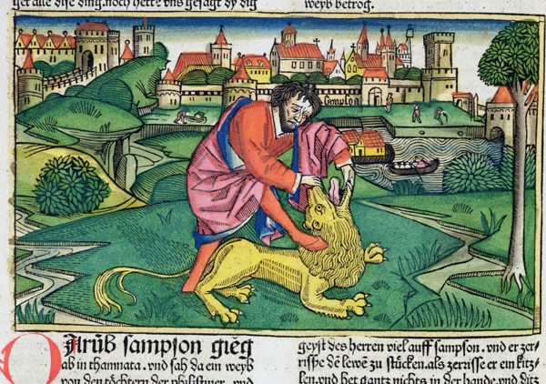 Judges 14:5-9: Samson slaying the lion. Artist: Unknown
