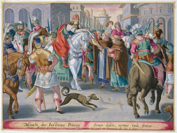 Two monks present silkworms smuggled from China to the Byzantine Emperor Justinian, 6th century. Artist: Unknown