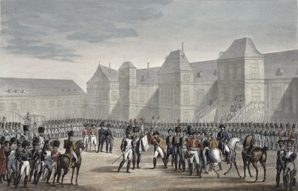 The abdication of Napoleon and his departure from Fontainebleau for Elba, 20th April 1814. Artist: Francois Pigeot