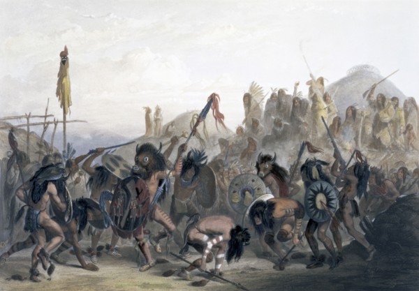 'Bison-Dance of the Mandan Indians in front of their Medicine Lodge in the Mih-Tutta-Hankush', 1843. Creator: Alexandre Manceau.