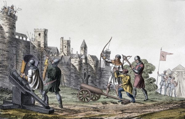 Soldiers and artillery of the 15th century besieging a walled town, 19th century. Artist: Unknown