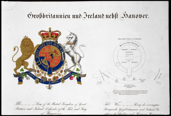 Crest of the King of the United Kingdom of Great Britain and Ireland and Hanover, 19th century. Artist: Unknown