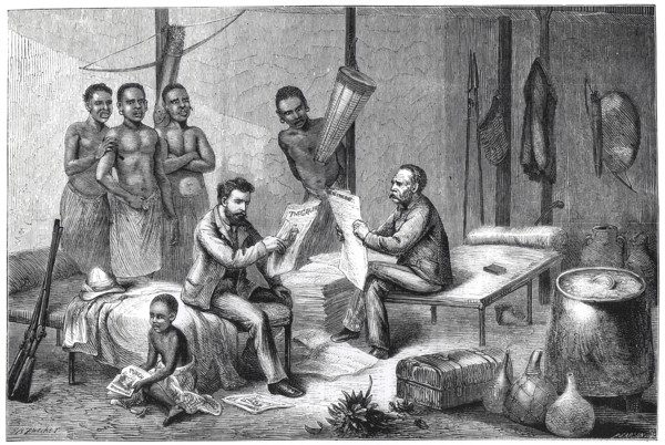 Livingstone and Stanley receiving newspapers in Central Africa, 1871-1873. Artist: Pearson