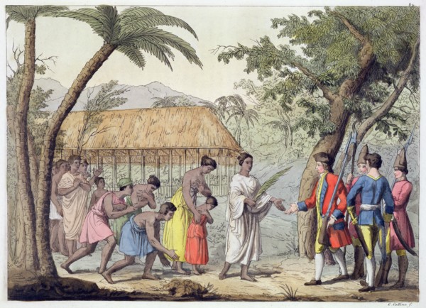 Captain Samuel Wallis being received by Queen Oberea on the Island of Tahiti, 1767 (19th century). Artist: Gallo Gallina