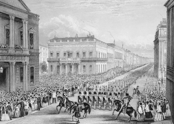 Wellington's funeral procession passing the Senior United Service Club, Pall Mall, London, 1852. Artist: Thomas Hosmer Shepherd