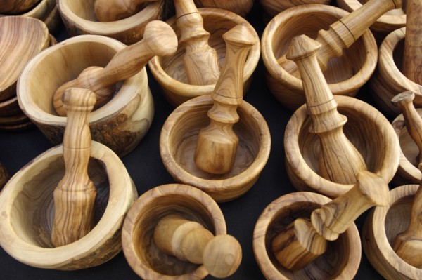 Wooden pestles and mortars for sale in a market, Mallorca, Spain.