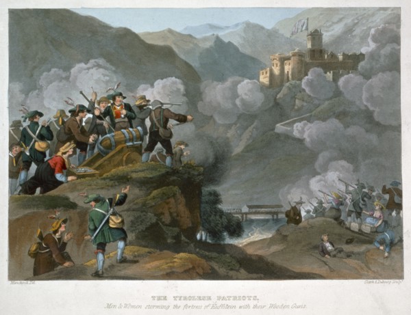 'The Tirolese Patriots Storming the Fortress of Kuffstein with their wooden Guns, 1816. Artist: John Heaviside Clark