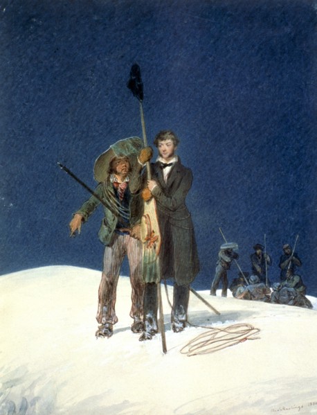 Charles Fellows with William Hawes, plants a baton on the summit of Mont Blanc, 1827. Artist: WS Hastings