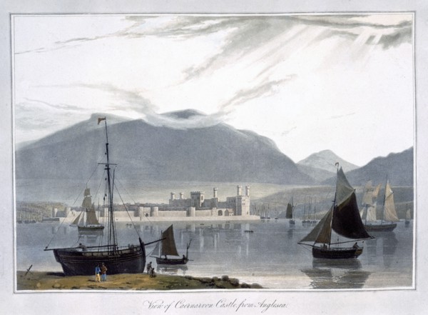 'View of Caernarvon Castle from Anglesea', Wales, 1814. Artist: William Daniell