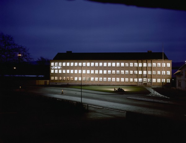 Exterior of an engineering industry building at night, Jönköping, Sweden, 1954. Artist: Göran Algård