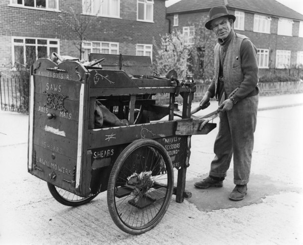 Gipsy knife-grinder with his handcart, Horley, Surrey, 1964.
