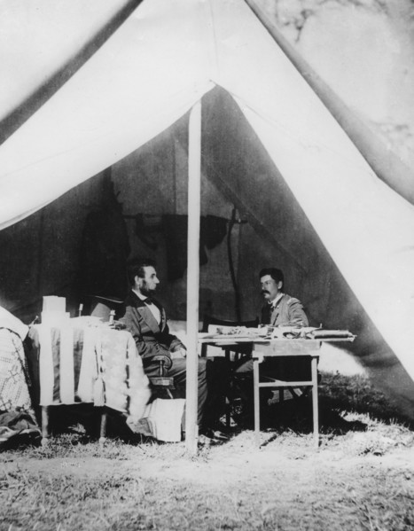 President Lincoln in General McClellan's tent after the Battle of Antietam, 1862. Artist: Unknown