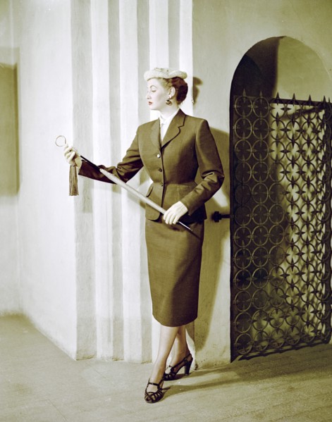 Female model shows a dress, the Historical Museum, Stockholm, 1950s. Artist: Göran Algård