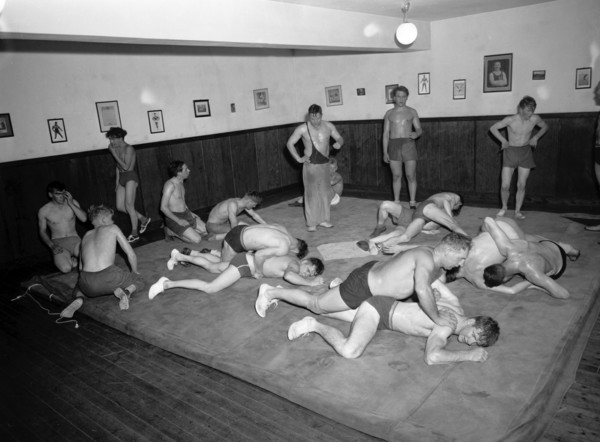 Argos, the wrestling Club of Landskrona, Sweden, in training, 1954 Artist: Unknown