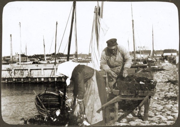 A fisherman and his wife with nets and a wheelbarrow, Borstahusen, Landskrona, Sweden, 1905. Artist: Unknown