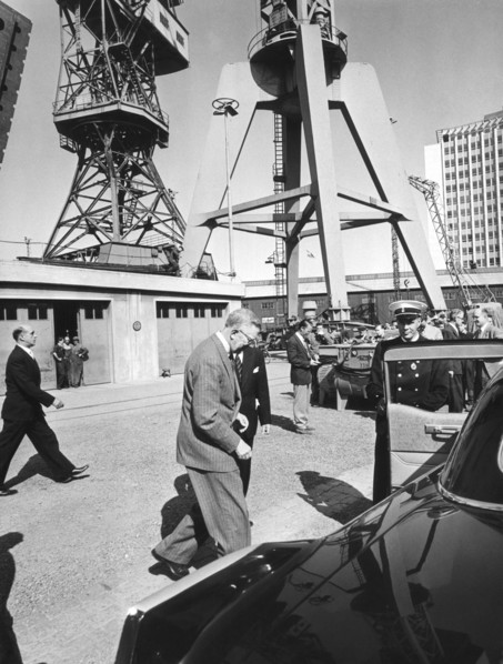 King Gustav VI Adolf visits Kockums shipyard, Malmö, Sweden, 1957. Artist: Unknown