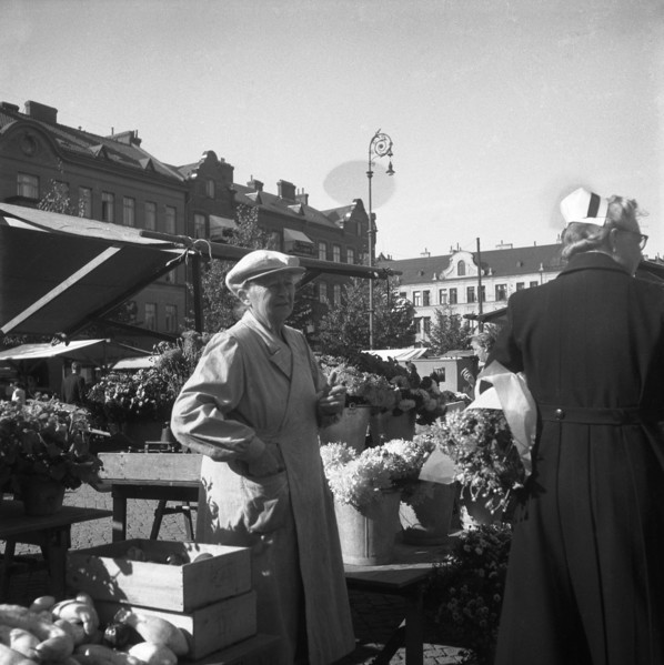 Flower stall in the market, Malmö, Sweden, 1947. Artist: Otto Ohm