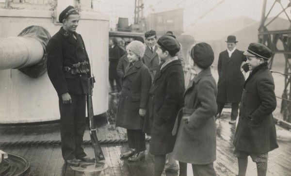 Children on board the Swedish armoured cruiser 'Fylgia' during its visit to Malmö, Sweden, 1929. Artist: Otto Ohm