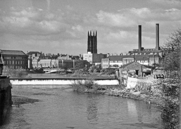 The Cathedral and the weir on the River Derwent, Derby, Derbyshire. Artist: H Brighouse