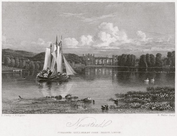 West aspect of Newstead Abbey and upper lake, Nottinghamshire, 1828. Artist: R Wallis