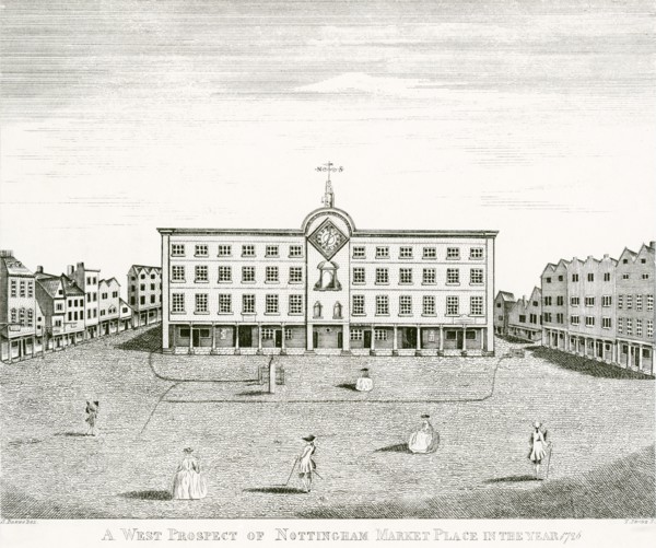 West prospect of Nottingham Market Place, Nottinghamshire, 1726. Artist: T Shore