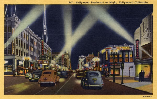 Hollywood Boulevard at night, Hollywood, Los Angeles, California, USA, 1940. Artist: Unknown