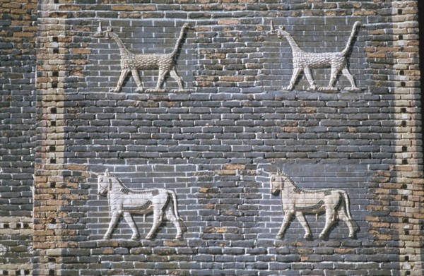 Dragons and bulls, glazed bricks, Ishtar Gate, Babylon, Iraq.