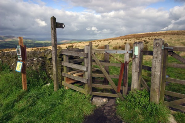Public footpath sign and kissing gate, Longridge Fell, Lancashire.