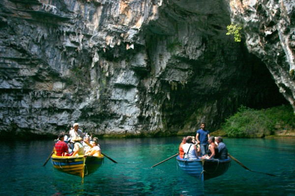 Tourist boat trip, Melissani Lake, Kefalonia, Greece.