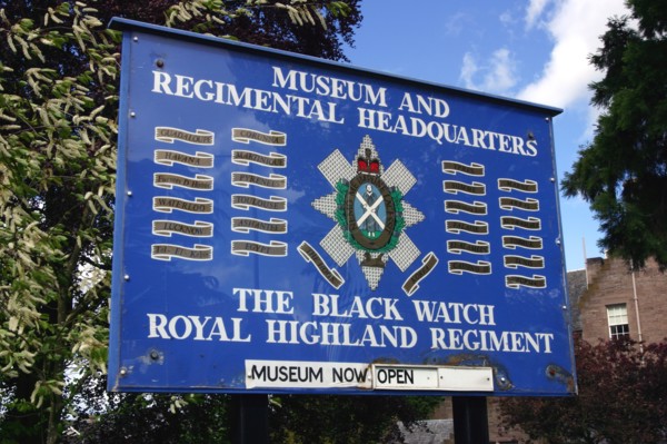 Sign, museum and headquarters of the Royal Highland Regiment, Perth, Scotland.