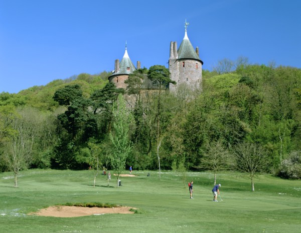 Golf course and Castell Coch, Tongwynlais, near Cardiff, Wales.