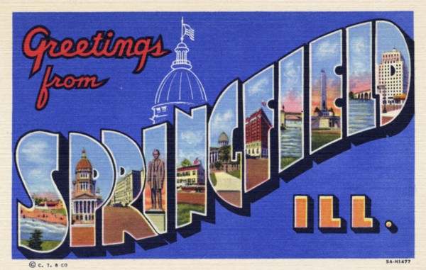 'Greetings from Springfield, Illinois', postcard, 1935. Artist: Unknown