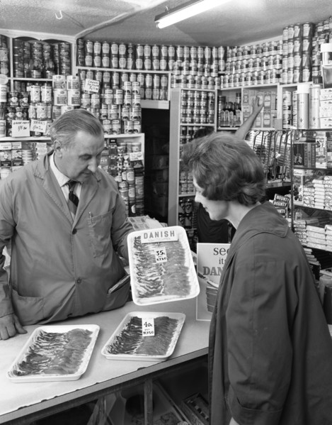 New metric system of selling bacon, Stocksbridge, Sheffield, South Yorkshire, 1966. Artist: Michael Walters