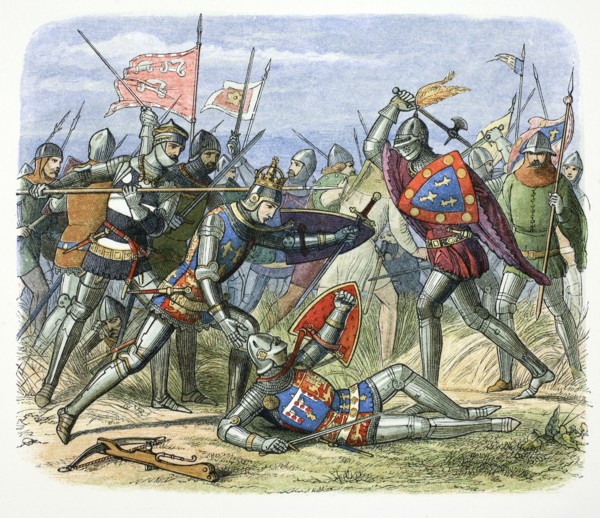 Henry V of England attacked by the Duke of Alencon at the Battle of Agincourt, 1415 (1864). Artist: James William Edmund Doyle
