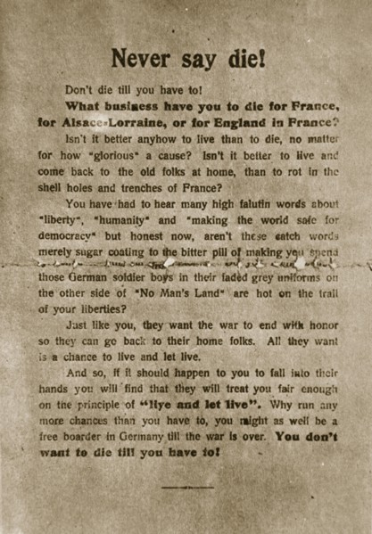 'Never say die', German propaganda leaflet, World War I, 1918. Artist: Unknown